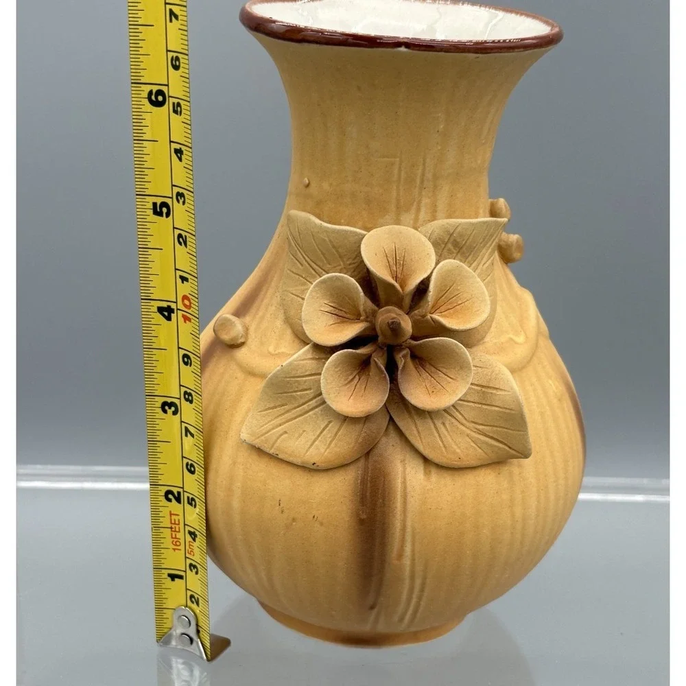 Vintage Mustard Yellow Flower Vase Floral Design Handmade Ceramic Pottery  7
